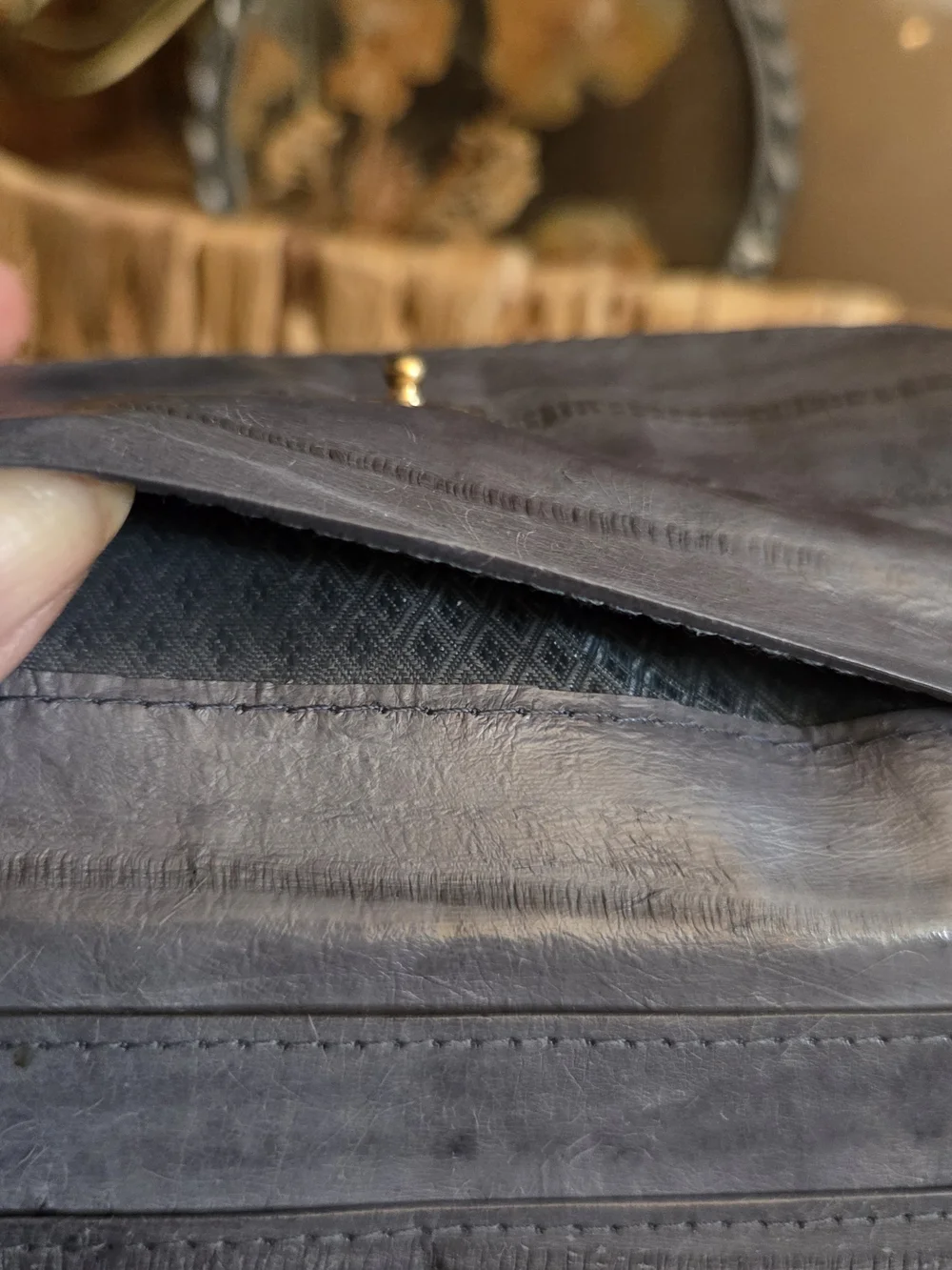 Vintage Genuine Eel Skin Leather Wallet Clutch Gray Korea Gold Frame